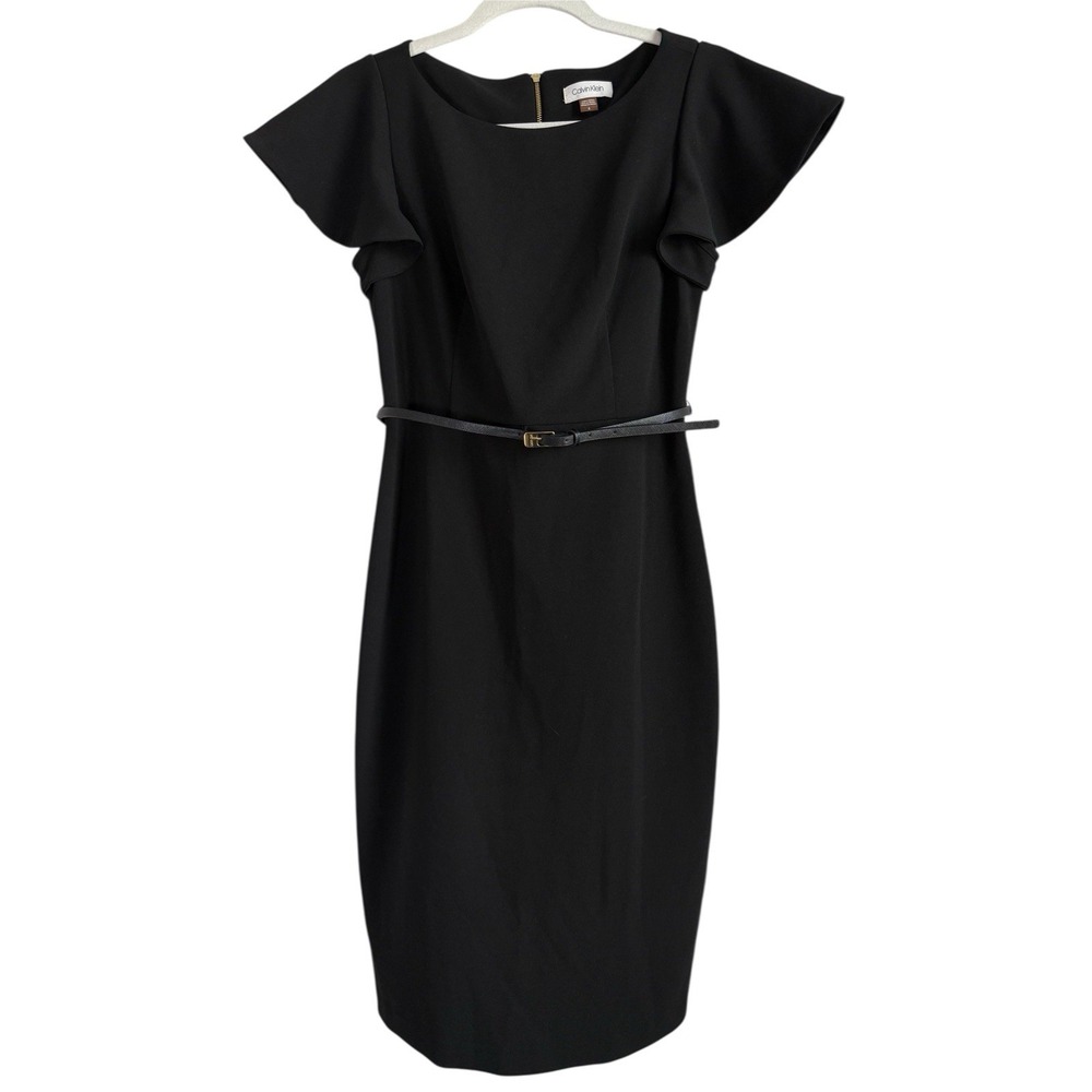 Calvin Klein Black Dress Women's Size 6 Cap Sleeves Empire Waist Gold Zip Back